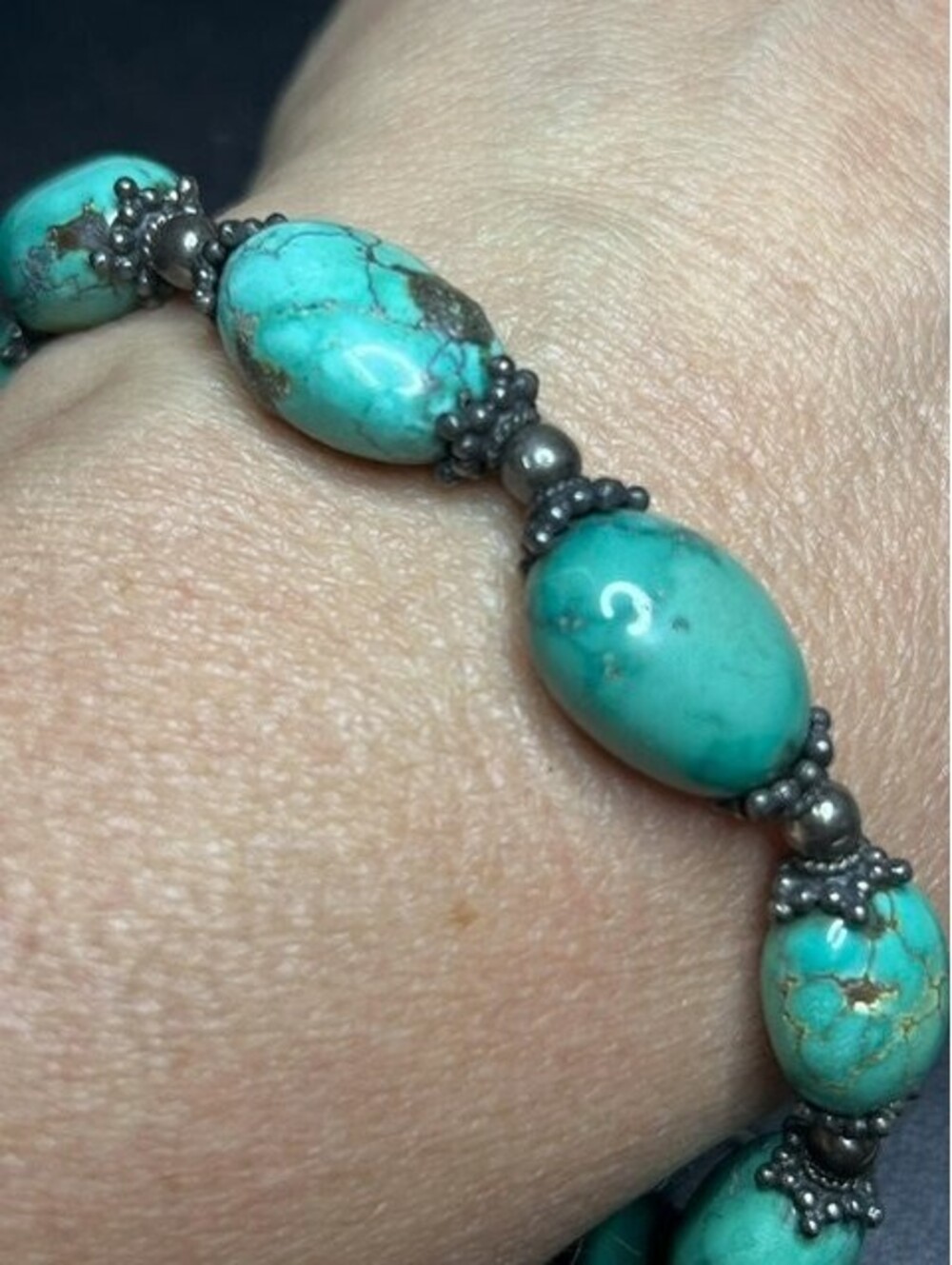 B7522 BJ 925 Sterling Silver Natural Turquoise Beaded Bracelet 7.5" Toggle